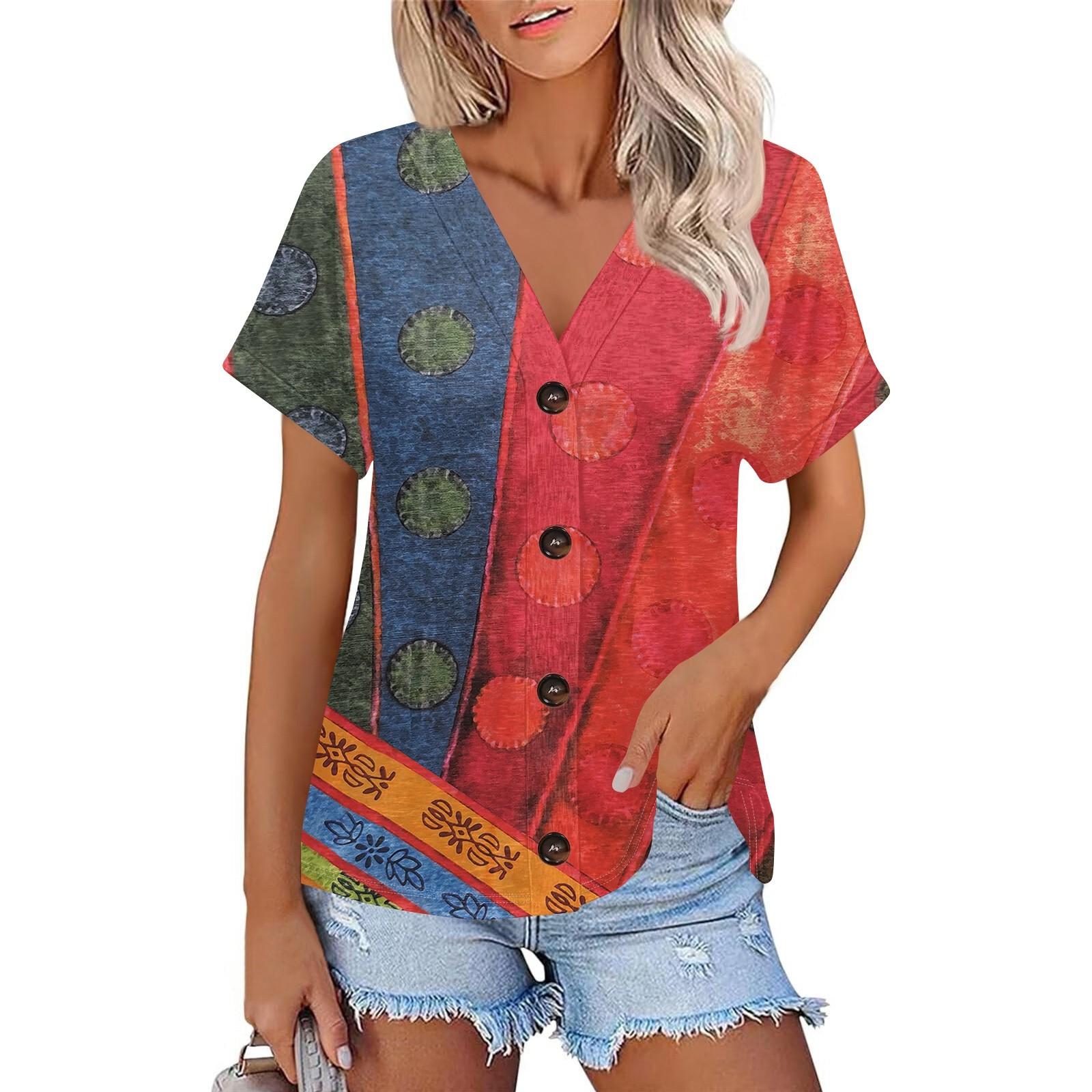 

Women s Fashion Short-sleeved V-neck Color Block Patchwork Print Top Casual Button T-shirt XL кавун червоний колір