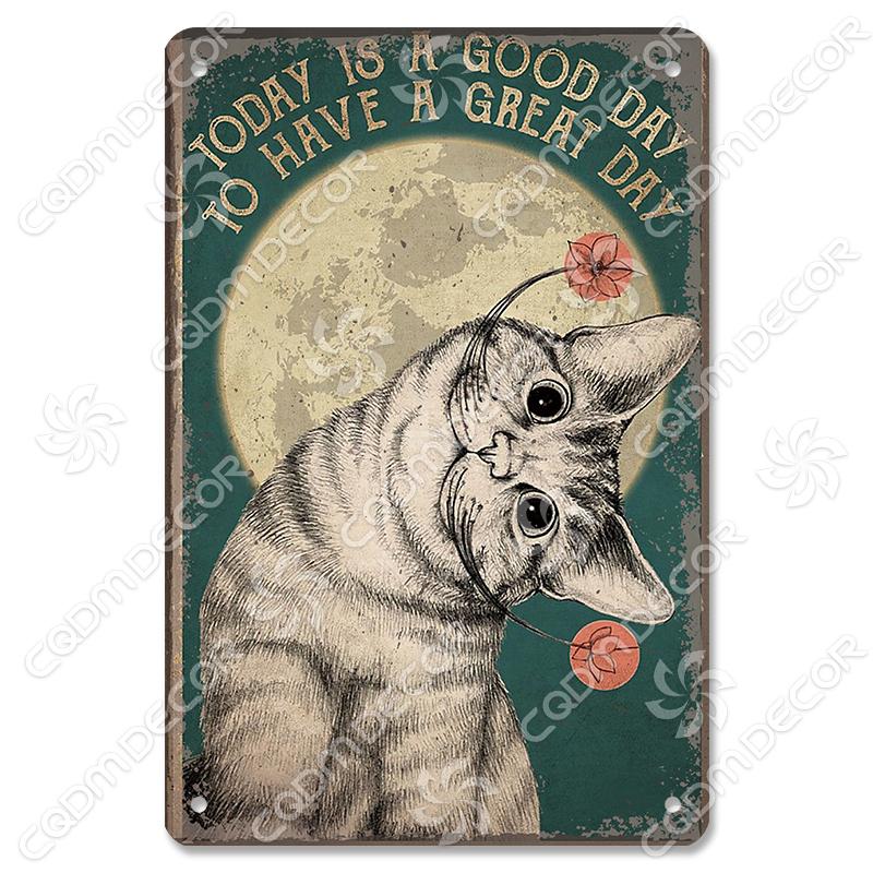 Black Cat Tin Sign Metal Plaque Read Books Drink Wine Pet Metal Poster Vintage Wall Decor for Coffee Shop Kitchen Bathroom Home