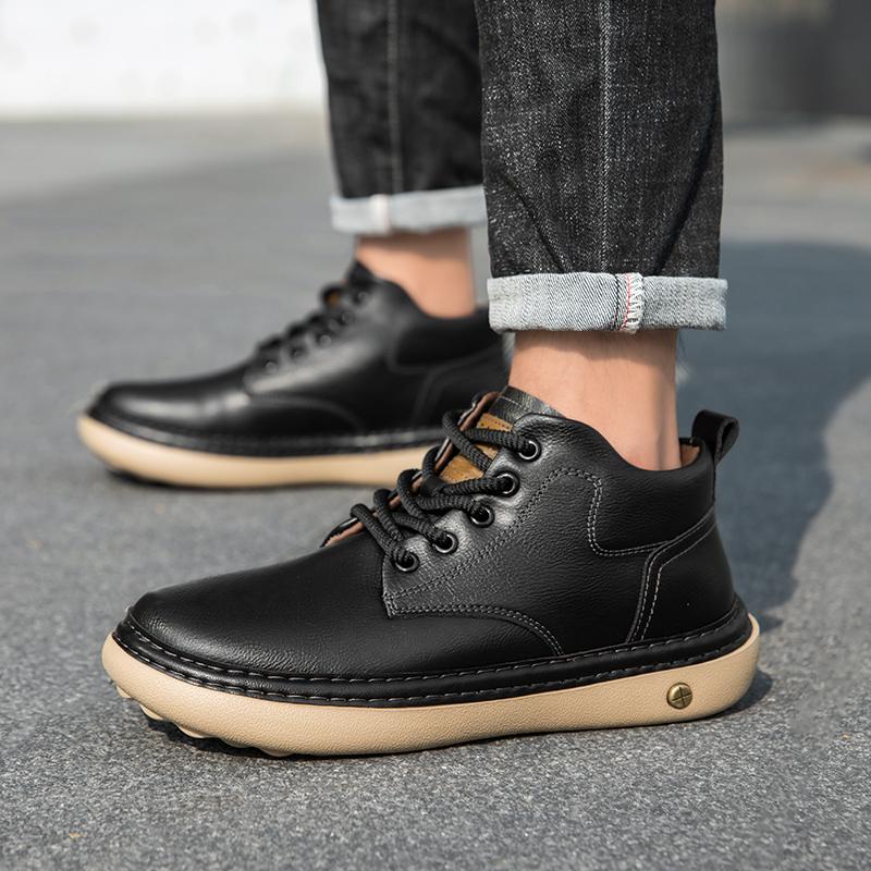

Fashi Leather Men Ankle Boots Outdoor Winter Ankle Boots Lace Up British Style High Top Motorcycle Boots Luxury Men Work Shoes 47 чорний