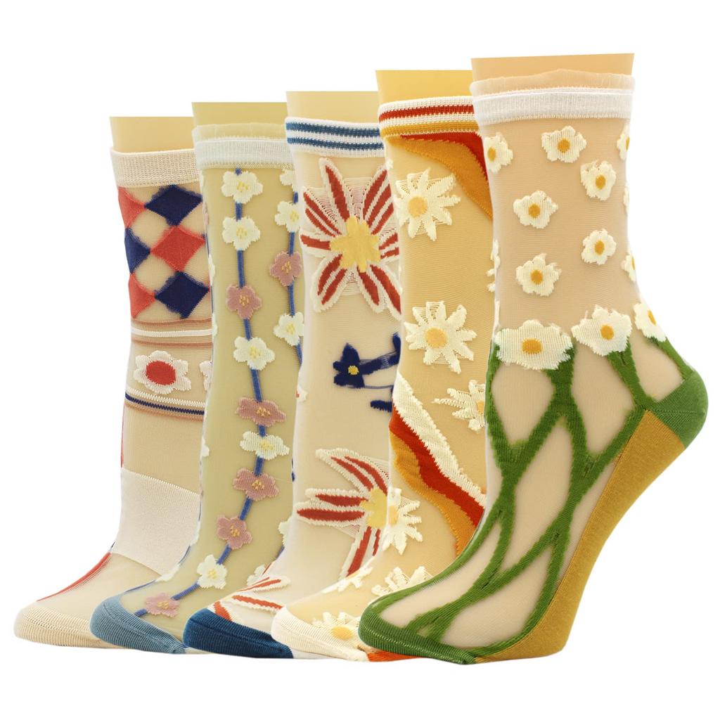 Summer Cute Lace Floral Print Sizes Women's Socks, Socks, Transparent, See-Through Socks, Stylish, Thin, Odor-Resistant, Non-Sweaty, 5-Pair Set,