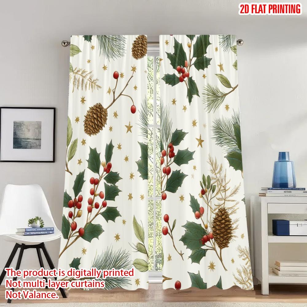 

2pcs 2D flat printing Merry Christmas Trendy Curtains Christmas Holly Pine Stars Digital Printed Polyester Drapes Family Party 100*130 Grommet Top 1pcs
