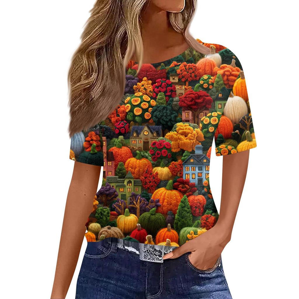 Women's Fashionable Casual Short Sleeve Halloween Print Round Neck Pullover Top