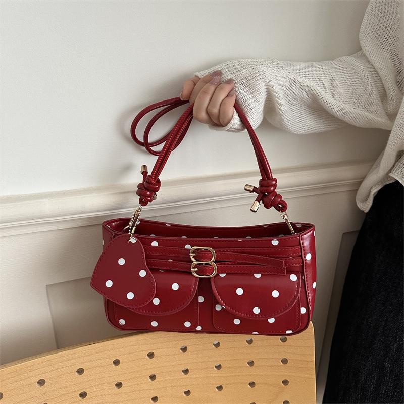 Sac à main rétro grande capacité à pois Boucle métallique Sacs bandoulière en cuir Sacs d'aisselle mode Avec pendentif