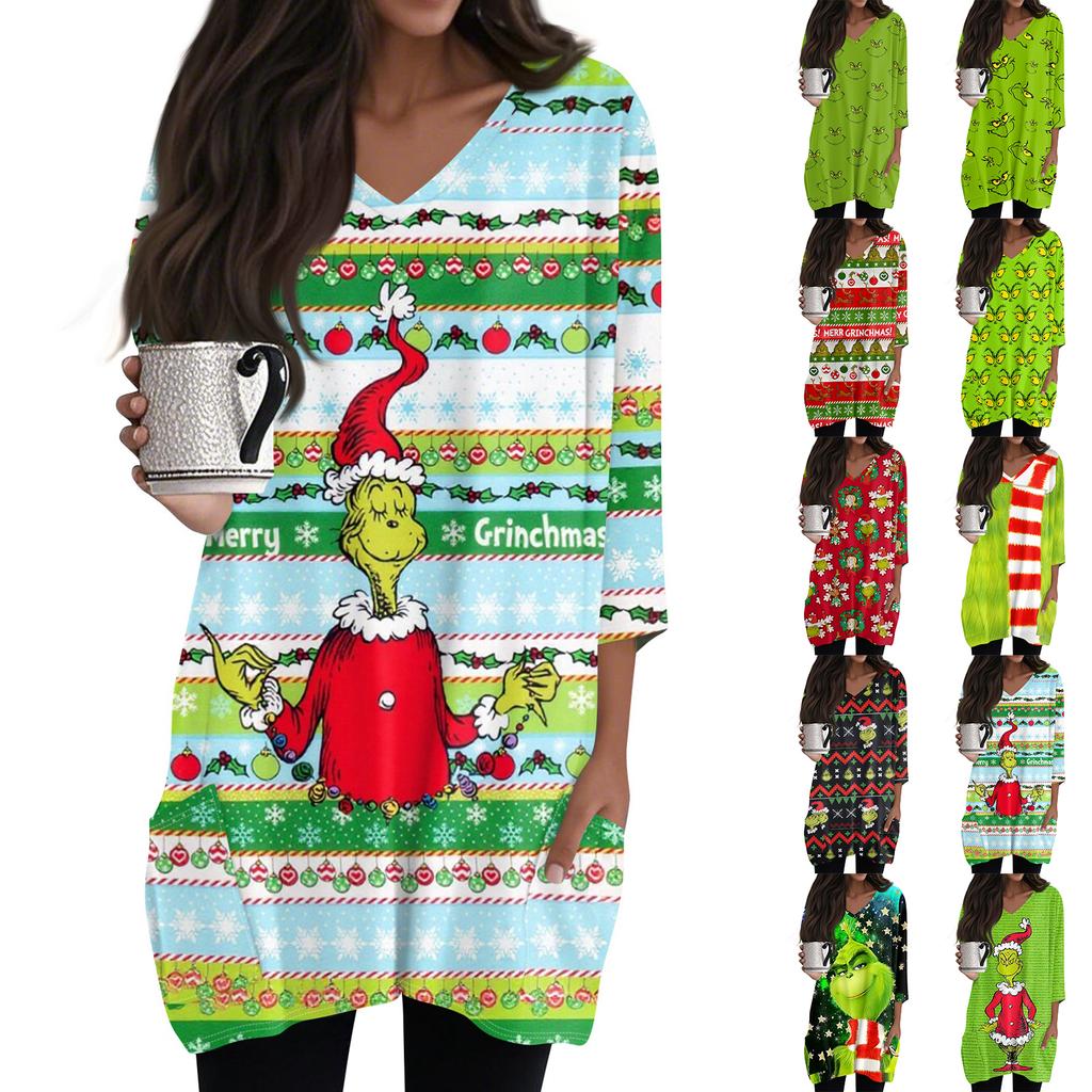 Womens Tops V-neck 3/4 Sleeve Blouses Casual Mid-length Shirts Fashion Christmas Print Tunic Tops With Pockets