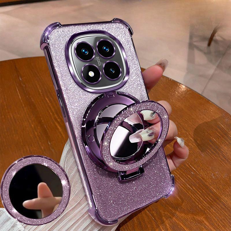 Magnetic Mirror Bracket Glitter Phone Case For Xiaomi Redmi Note 14 15 Pro Plus 15 15C 14C 14S 4G 5G Plating Shockproof Cover