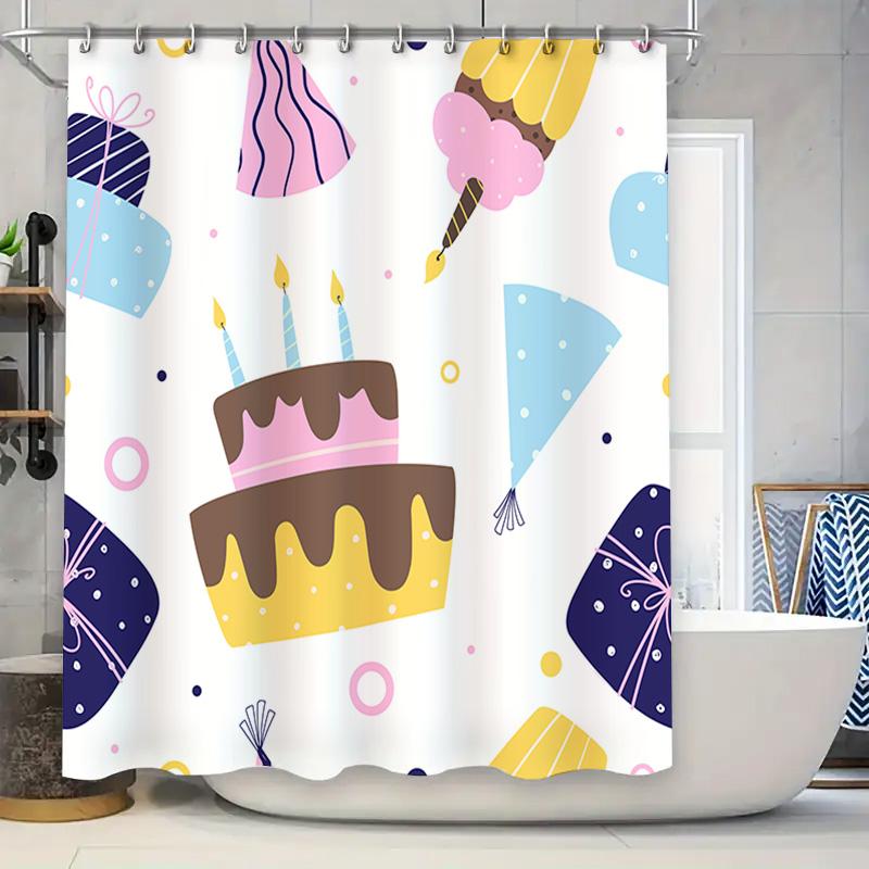 

Fashion Birthday Shower Curtain Decor For Bathrooms Cute Gift Boxes Party Cake Design Waterproof Fabric Home Decoration (White) W60H190(CM)-1 Pcs