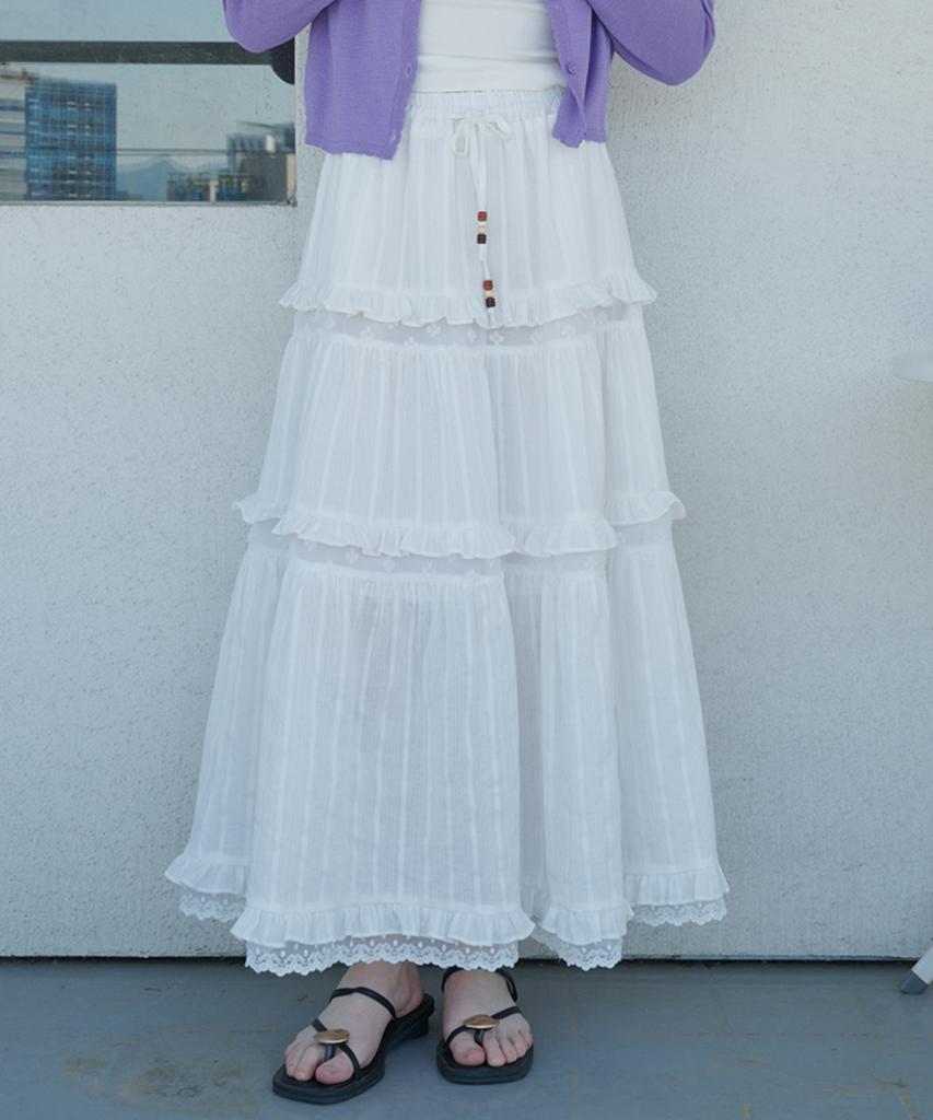 Opening Sunshine Lace Contrast Tiered Cotton Maxi Skirt White