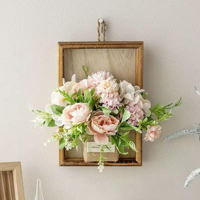 Artificial Hydrangea Wall Hanging Decoration Fake Silk Flower Plants Wooden Fame Decor Home Bedroom Wall Art Ornament