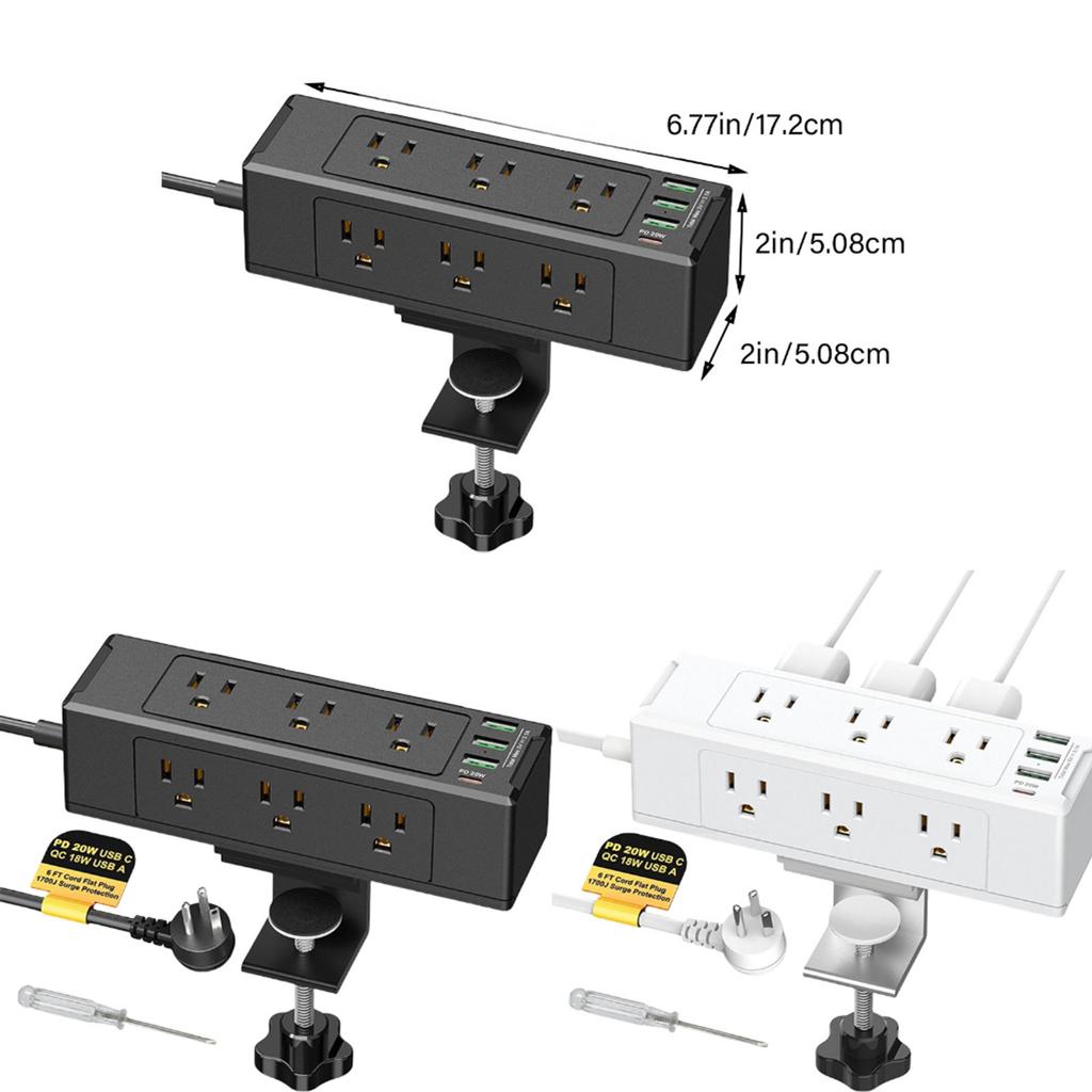 Desk Edge Mount Power Strip with 6 Outlets & 4 Fast Charging USB Ports Tabletop Surge Protector Desk Clamp Power Socket
