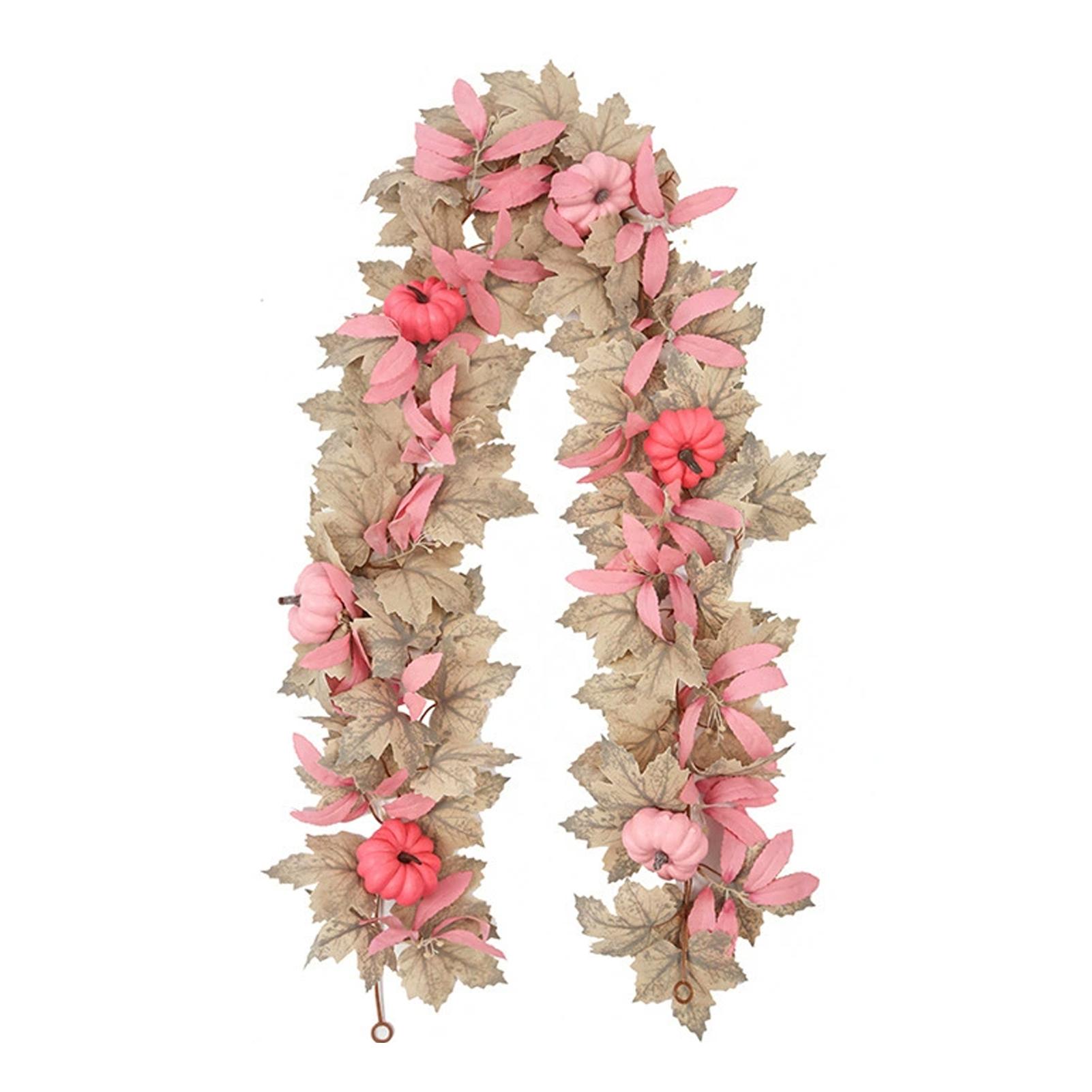 

Fall Maple Leaves Garland Hanging Artificial Autumn Garland with Pink Pumpkins Flowers Berries For Halloween Thanksgiving Decor