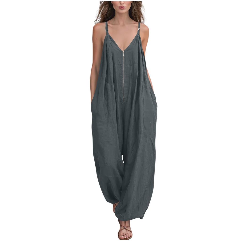 Damen Mode Einfarbiger Reißverschluss V-Ausschnitt Verstellbarer Träger Lockerer Schnitt Ärmellos Weiter Bein Jumpsuit mit Taschen für Freizeitkleidung