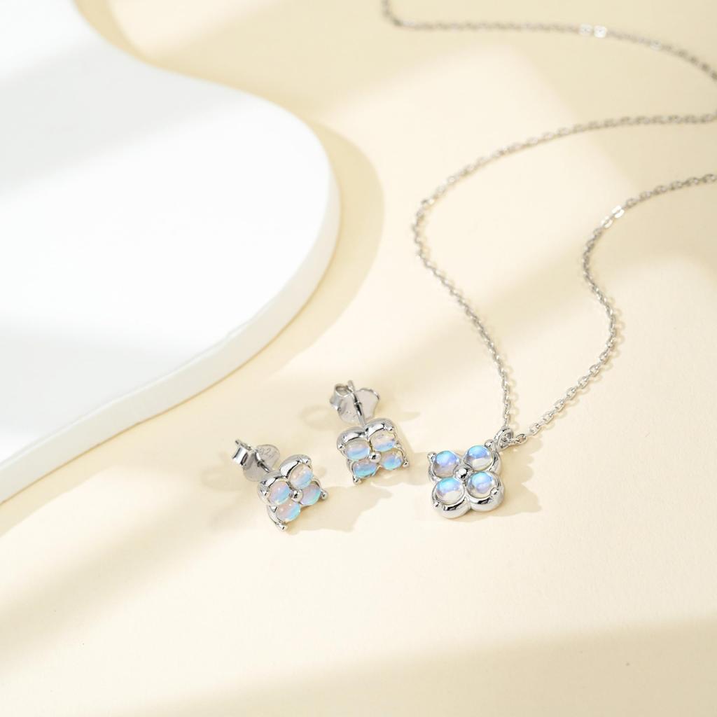 Moonstone Necklace and Earrings for Clover Silver Hypoallergenic June Popular Birthday Gift for Women [FH.bird] Women, "Lucky Charm" 925, Necklace,