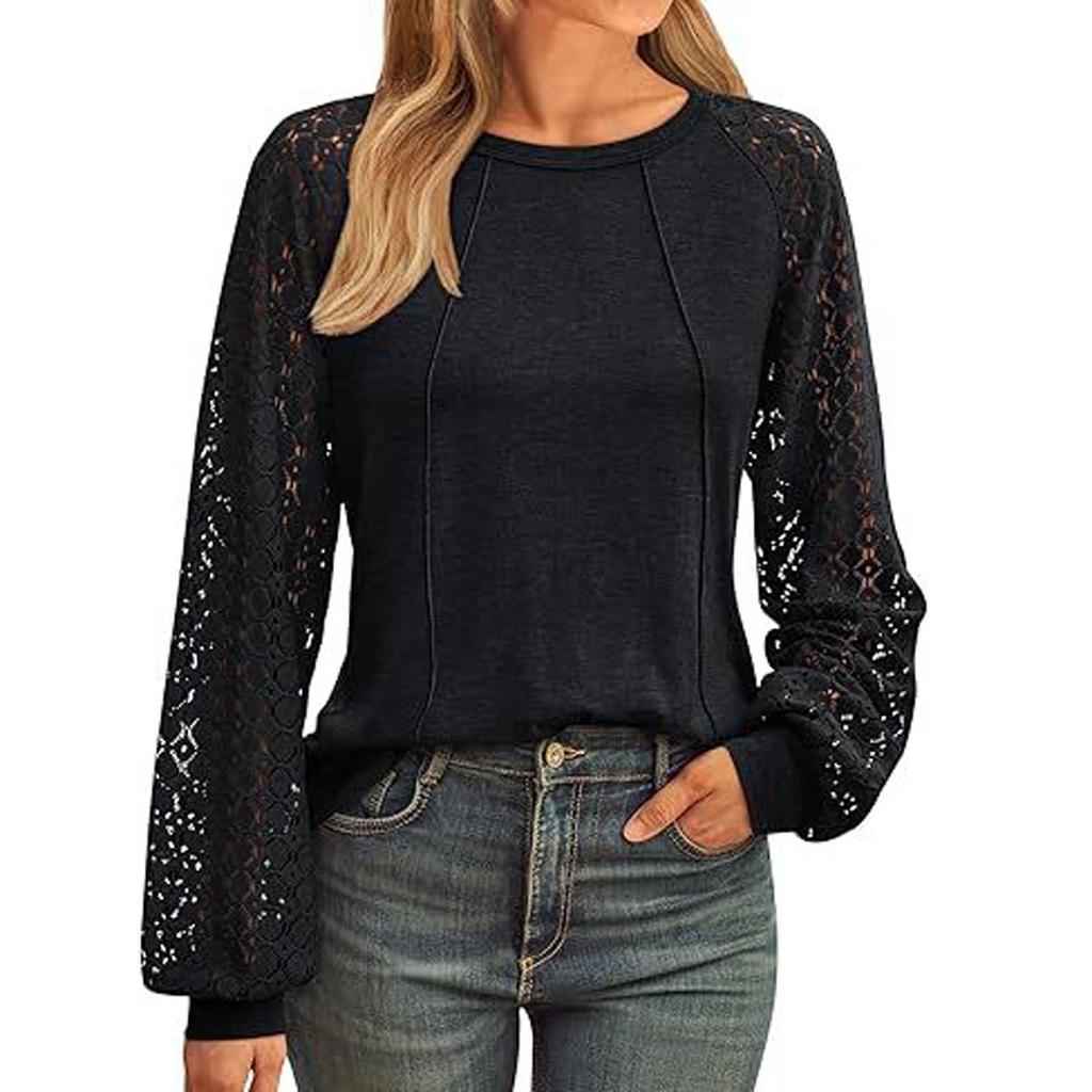 Women's Loose Casual Solid Color Round Neck Lace Patchwork Long Sleeved Top Long Sleeved Top