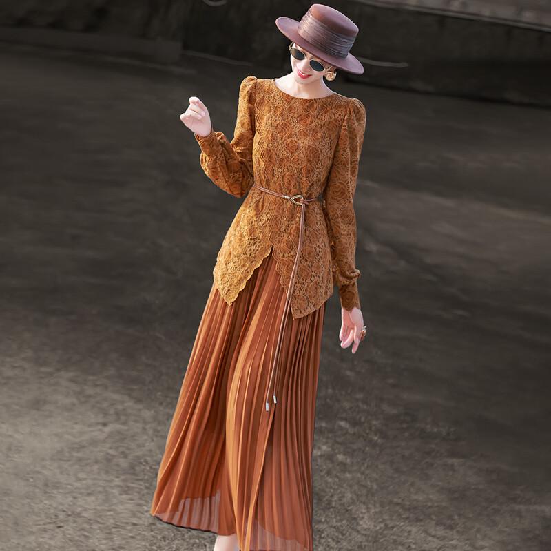 Vintage Lace-Paneled Pleated Long-Sleeve Midi Dress