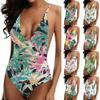 Swimsuit for Women Deep V Neck Backless with Adjustable Straps Tropical Floral Leaf Print Bathing Suit