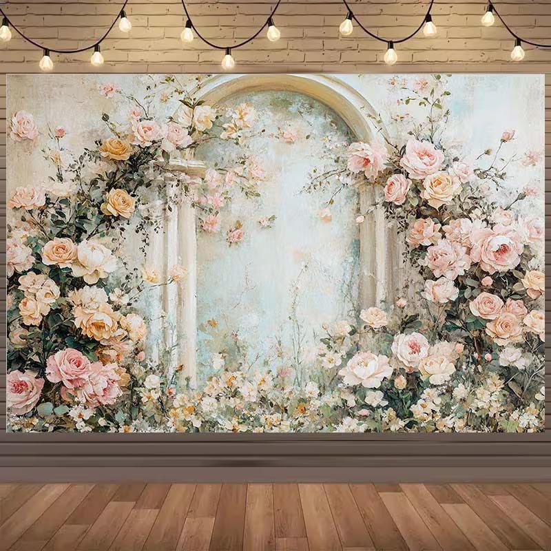 2D Vintage Floral Arch Backdrop Pastel Rose Photography Background