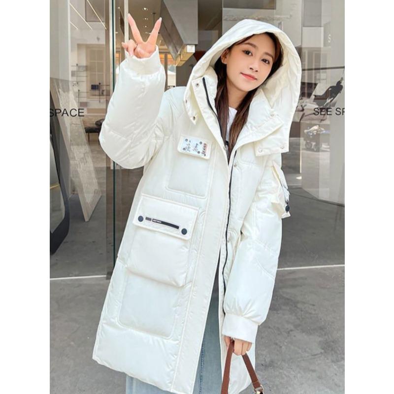 Giacca imbottita in piumino spesso da donna, design medio e lungo, con cappuccio, alla moda, versatile, imbottita, marea