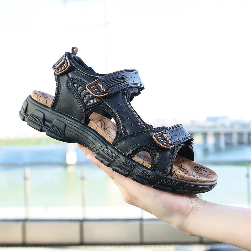 

2024 New Genuine Leather Men s Sandals Summer Breathable Casual Sandals Outdoor Non Slip Hiking Shoes Men s Beach Slippers 38 чёрный
