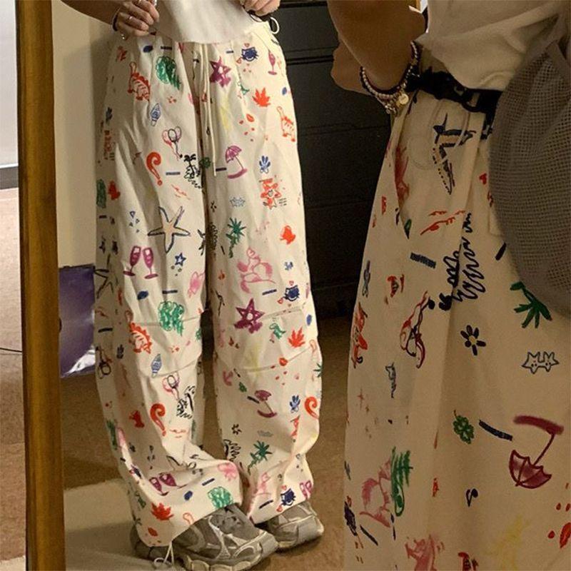 Women's Loose-fit Wide-leg  Pants American Styley2k Cartoon Graffiti Cargo Trousers Fashionable Streetwear Casual Pant