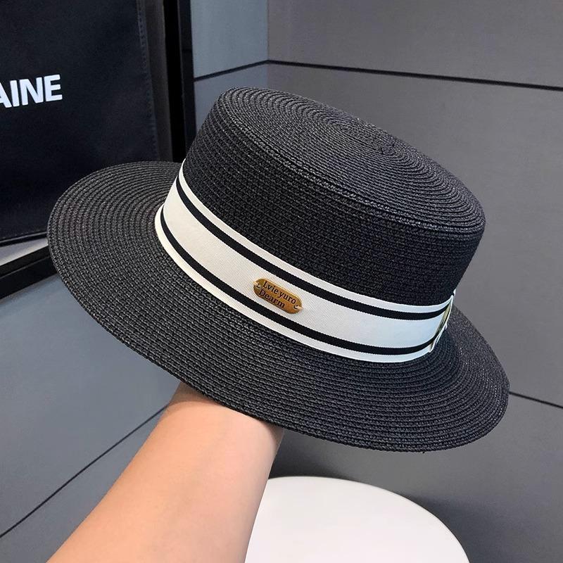 

Летняя соломенная шляпа с плоским верхом, женская шляпа-цилиндр в стиле знаменитостей, пляжная шляпа от солнца, британская ретро-шляпа от солнца Adjustable чёрный