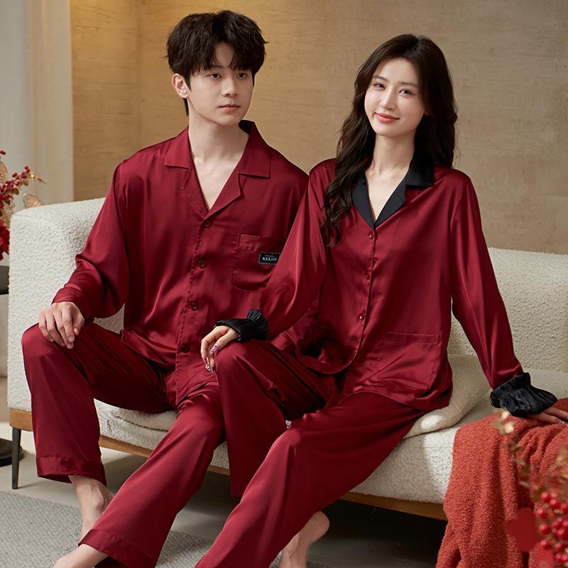 1011 Spring and Autumn Couple Pajamas Ice Silk Women's Long Sleeve Lapel Casual Thin Men's High-end Homewear Set