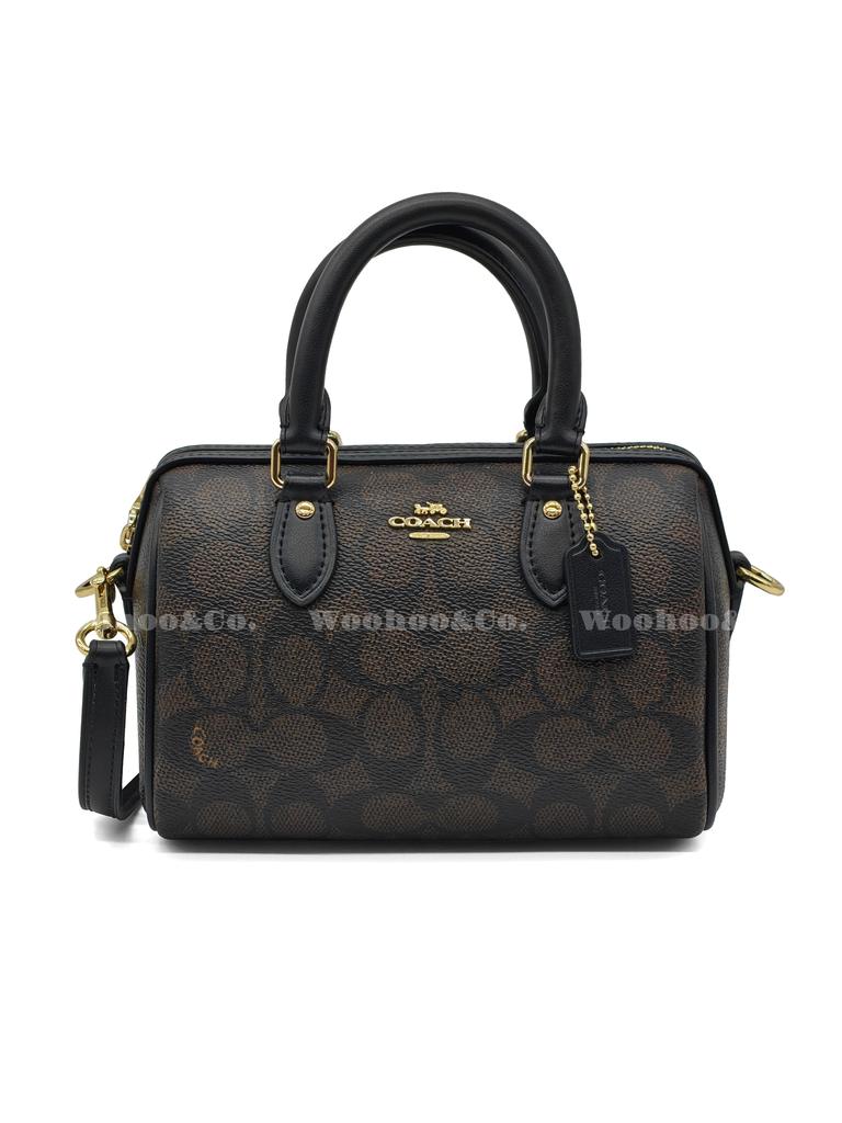 Coach Brown Signature Canvas Mini Rowan Duffle Bag with Leather Trim & Gold Hardware for Daily Use
