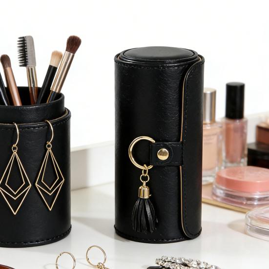 Tiered Travel Jewelry Case Faux Leather Jewelry Storage Roll Box with 3 Compartments Portable Jewelry Organizer for Necklaces Rings Earrings Bracelets