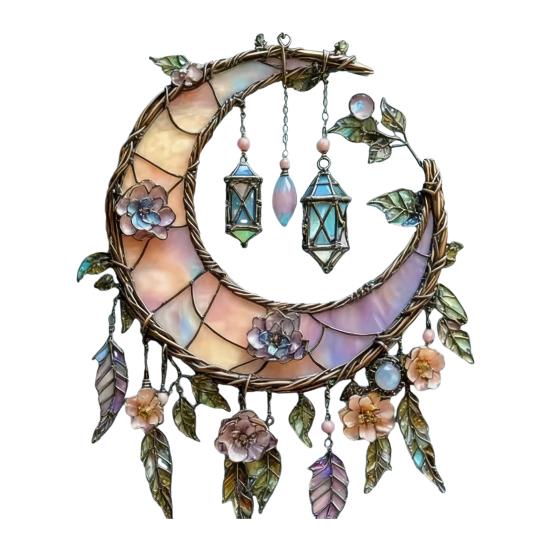 Crescent Moon Floral Acrylic Suncatcher Stained Glass Effect Window Hanging Ornament Boho Sun 10cm