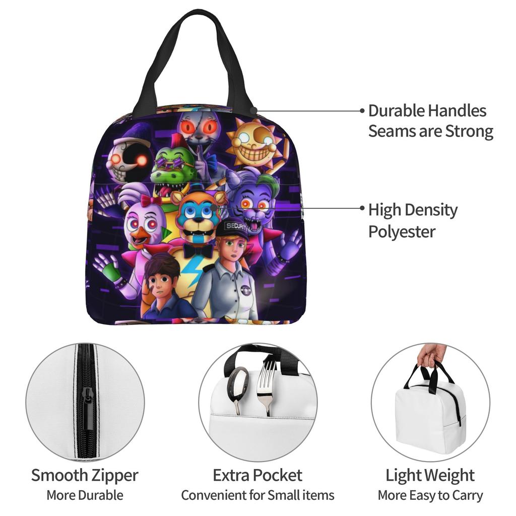 F-Fnaf S-Security B-Breachs Geïsoleerde Lunchtassen voor School Kantoor Waterdichte Thermische Koeltas Bento Box Dames Heren