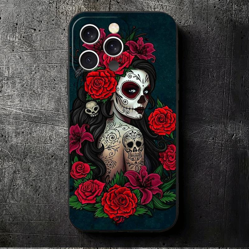 Catrina Beautiful Rose Girl Skull Soft Phone Case for iPhone 16 16E 17 Air 15 Pro Max 14 Plus 13 Mini 11 12 7 Black Cover Back S