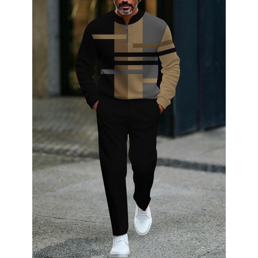 Spring Autumn 3D Printed Fashion Cool Men's Long-Sleeved Sets Half-Zipper Stand-Up Collar Men's Casual Sportswear Two-Piece Set