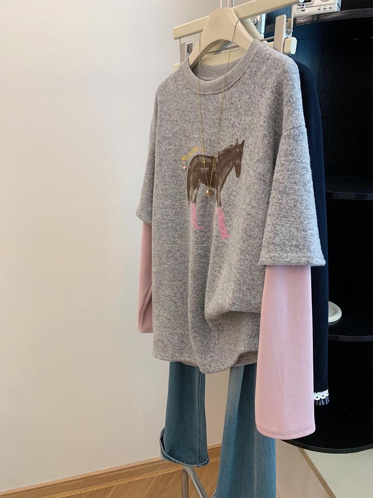 Plus Size 200 Jin Little Horse Color Block Plush Long Sleeve Faux Two-Piece Women's Loose Top for Autumn/Winter