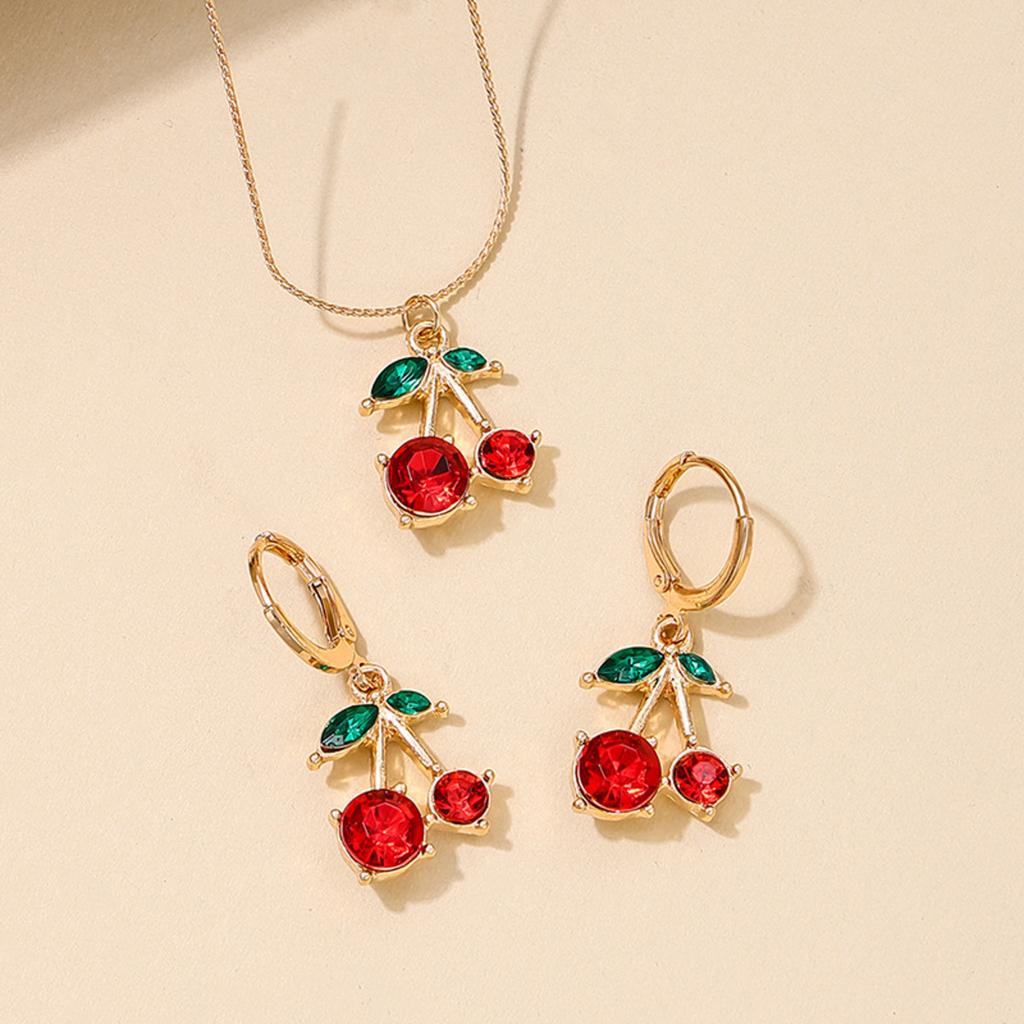 3PCS Cute Cherry Zircon Set Hypoallergenic Necklace and Eearrings Daily & Gift for Women
