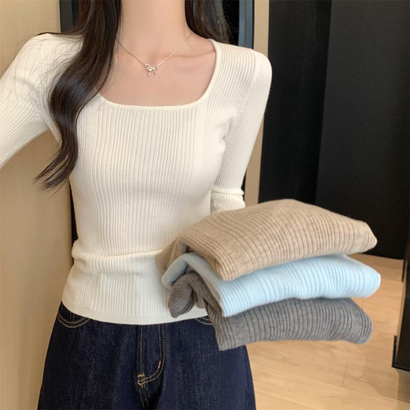 High-end square-neck knitted bottoming shirt women's spring and autumn inner sweater slim-fitting and thin casual long-sleeved top