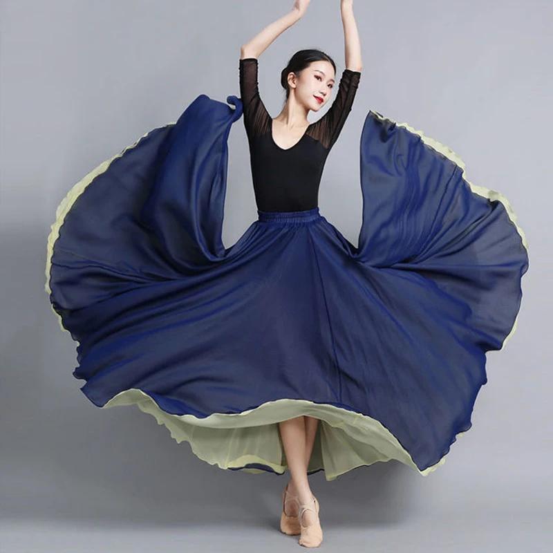 630 Degree Classical Dance Skirt Women Double-Side Chiffon Big Swing Skirt Belly Dance Costume Stage Performance Maxi Skirts