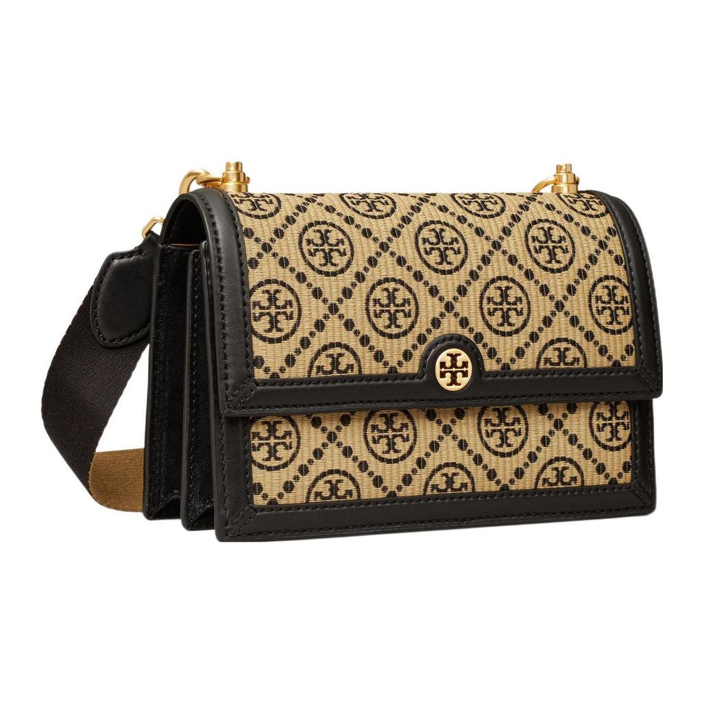 Tory Burch T Monogram All Over Print Woven Flap Leather Accordion Shoulder Crossbody Bag Small Women Bags Black 135829-001