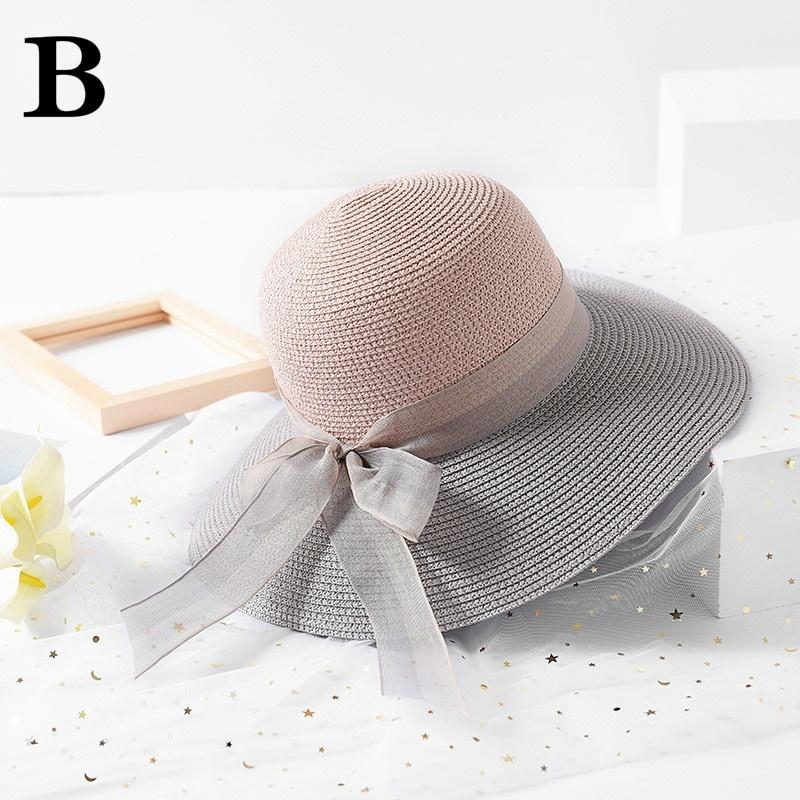 FashionTwo-color Patchwork Striped Bowknot Summer Sun Hat Women Straw Beach Hat Large Brimmed Hat