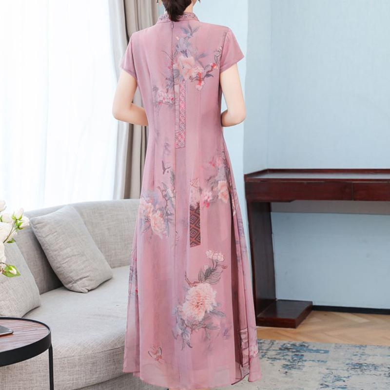 Women Cheongsam Dress Short Sleeves Stand Collar Long Skirt Chinese Style High Waist A-line Skirt