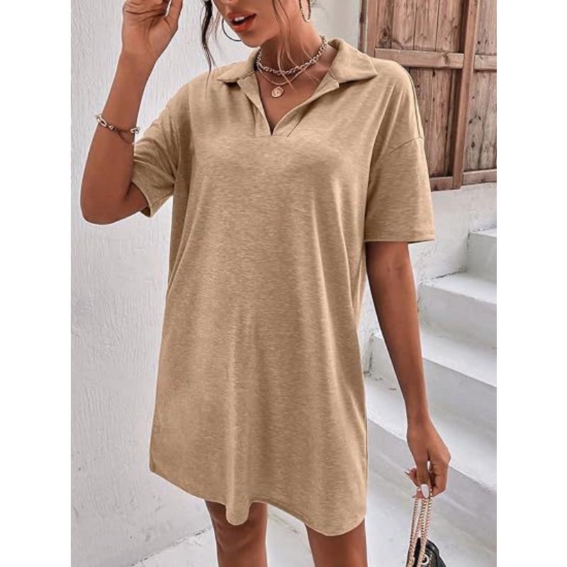 YYFS Women's Fashion Summer Spring Solid Color Print Short Sleeve POLO Neck Loose Waistline Casual Dresses