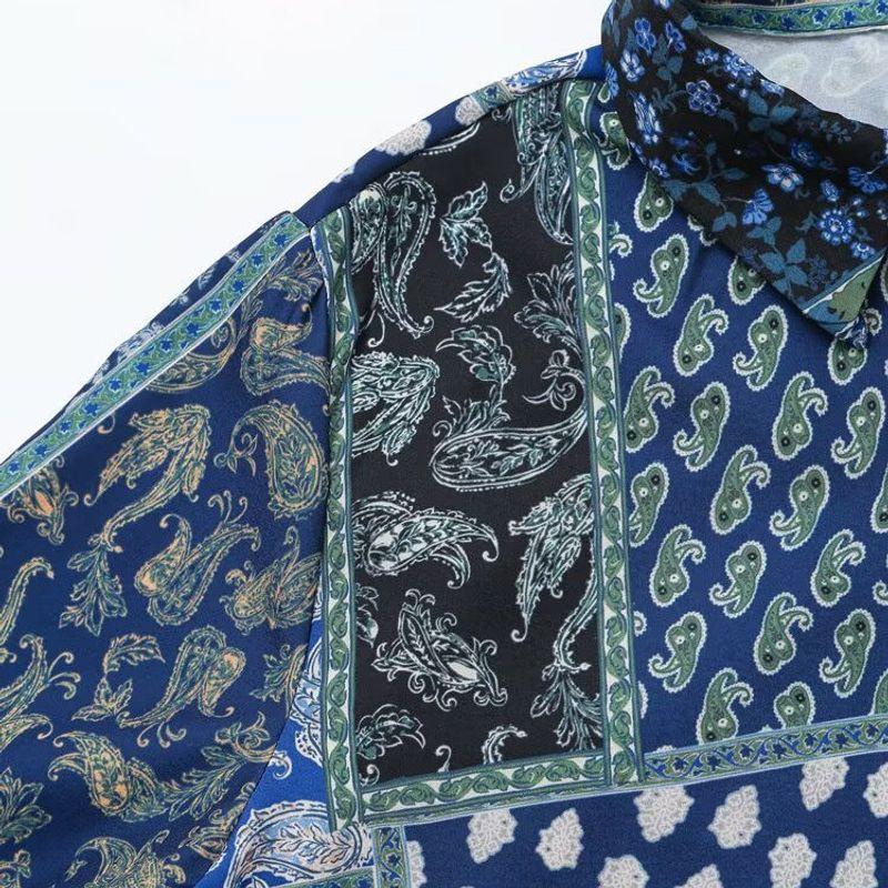 Kaslead New Arrival Women's Fashion Style Patchwork Print Silk Satin Texture Shirt 2298073