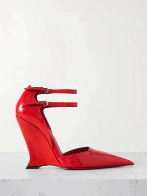 Wiosna&Lato damskie seksowne buty na koturnie szpilki Szpiczasty nosek cienkie obcasy Jednopasek lakierowana skóra klamra bankietowa retro