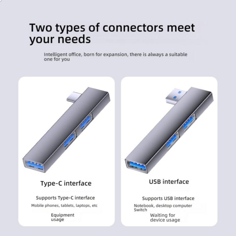 Aluminum USB C OTG Adapter 5Gbps Transfer 3Port Hubs Space Saving Right Angle Connectors Wide Compatibility for Phone PC