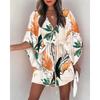 Vestito Corto da Donna con Stampa Foglie Tropicali Maniche Corte a Pipistrello Scollo a V Vita con Coulisse Casual da Vacanza Mini Abito