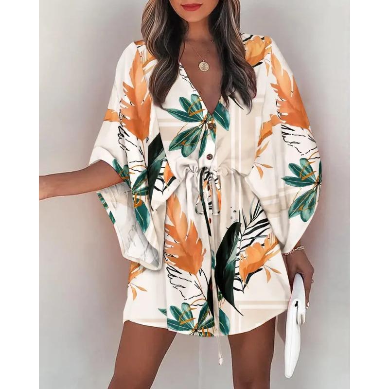Vestito Corto da Donna con Stampa Foglie Tropicali Maniche Corte a Pipistrello Scollo a V Vita con Coulisse Casual da Vacanza Mini Abito