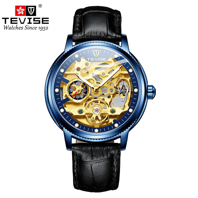 TEVISE Uhr Herren Hollow Fashion Leder Herrenuhr Im Dunkeln leuchtende automatische mechanische Uhr
