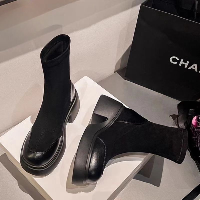 (Leather) 2025 new platform boots boots women's elastic and thin knee short boots thick heel medium boots