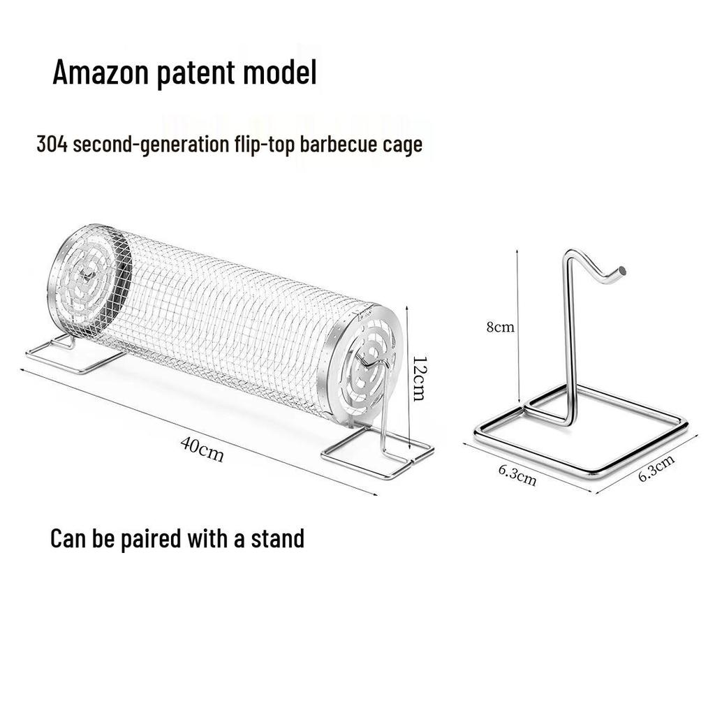 Rotating BBQ Grill Basket: 304 Stainless Steel with Wooden Handle