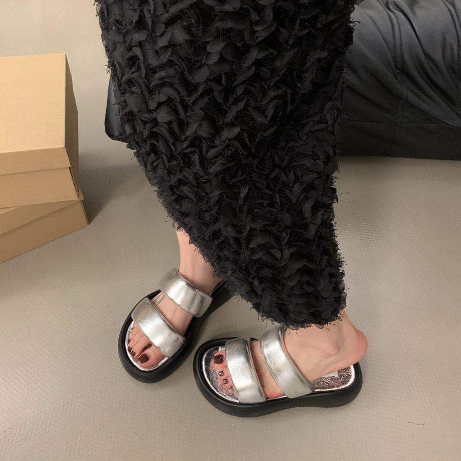 Sandals Women's Summer 2025 New One-word Thick-soled Heightened and Thin Muffin Sandals French Evening Breeze Cool Slippers Tide