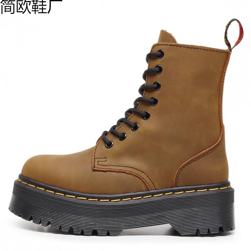 Top layer platform locomotive boots women, side zipper Crazy Horse brown short boots leather loose