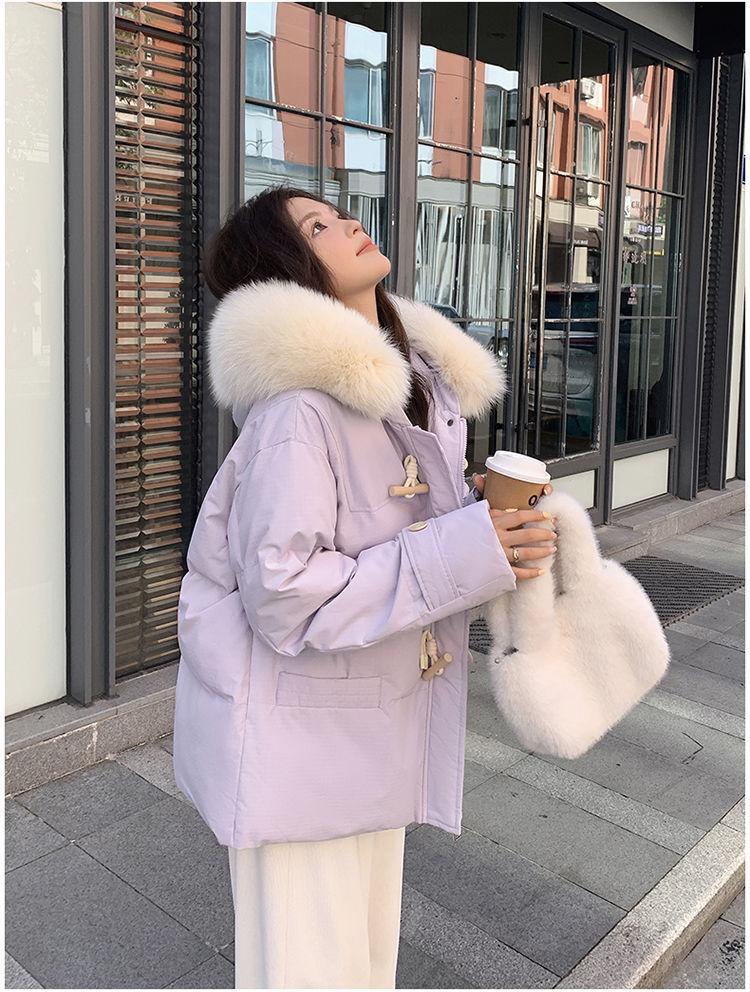 Women's Autumn and Winter Coat Solid Color Horn Button Hooded Fur Collar Loose Thickened Windproof Women's Jacket